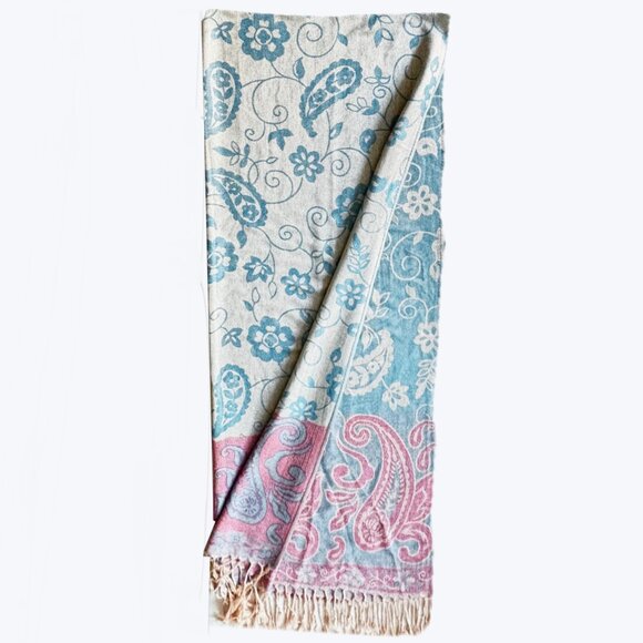 Pashmina Scarf Wrap Blue Pink Fringe 72"x 27" EC - Picture 2 of 8